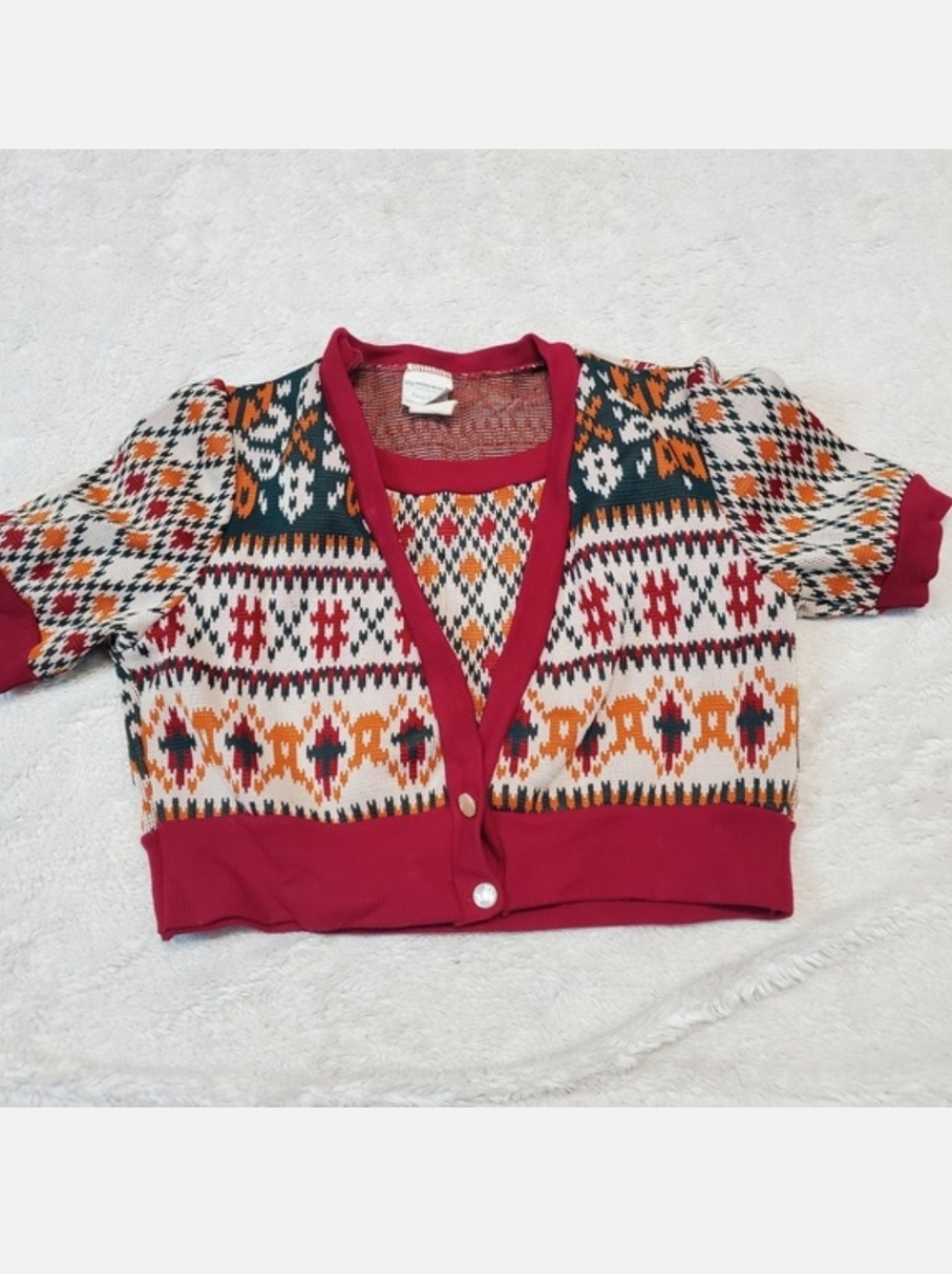 Vintage Coral Evans Red Cream Bohemian Fall Folk Art Knit Vest Cropped Top 10